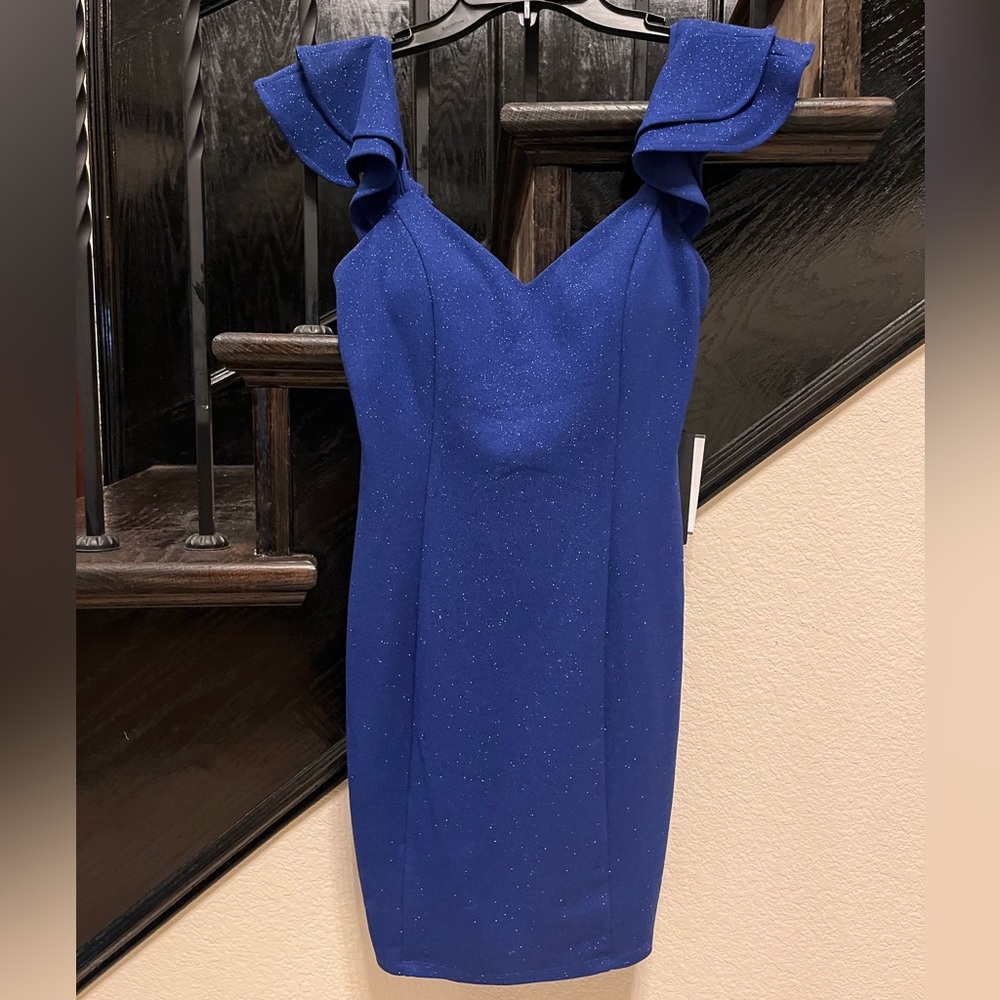 City Vibe sparkly, cobalt blue, lined, mini dress with padding.